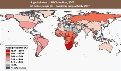 Figura 1- Prevalência global da infecção pelo HIV nos diversos países. 