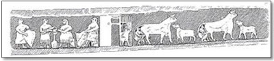 Figura 8- Cena de ordenha no Egito, ano 2900 antes de Cristo, encontrada em escavação, qual acredita-se tenha contexto religioso. (Cópia de Simoons, Geographical Review, vol. 61, 1971, copyright da American Geographical Society of New York).