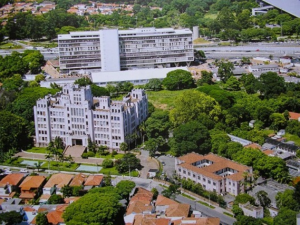 Figura 4- Vista aérea do Instituto Biológico já completamente construído e ainda sem as grades externas de proteção. Notar as 2 piscinas aonde os calouros da EPM vinham nadar durante o trote. O telhado da casa dos meus pais é o terceiro da direita para a esquerda e a casa dos meus avós o quarto.