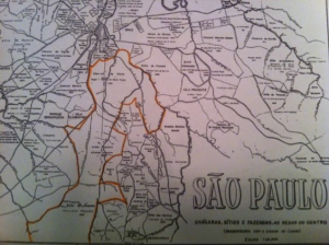 Figura 6- Mapa da cidade de São Paulo no século XVIII mostrando as terras dos Fagundes, abrangendo desde a Liberdade até o Jabaquara.