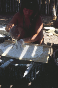 Figura 3- Mulher índia lavando e peneirando a massa da mandioca.