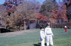 Figura 31- Marina e Juliana no quintal da nossa casa no outono de 1977; observar ao fundo o colorido das folhas que vão pouco a pouco mudando de cor e oferecem um aspecto maravilhoso da natureza.