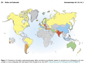 Figura 6- Prevalência dos sintomas semanais da DRGE no globo terrestre, baseada nos sintomas com uma frequência de um episódio uma vez por semana ou mais.