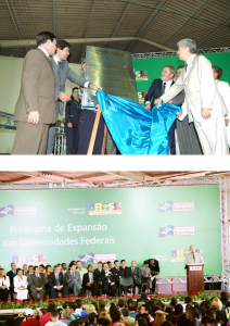 Figuras 66-67: Cerimônia de inauguração do campus de Guarulhos com a presença do presidente da república Luís Inácio da Silva, do ministro da Educação Fernando Haddad, do ministro da Cultura Gilberto Gil e do prefeito de Guarulhos Elói Pietá, em março de 2006. 